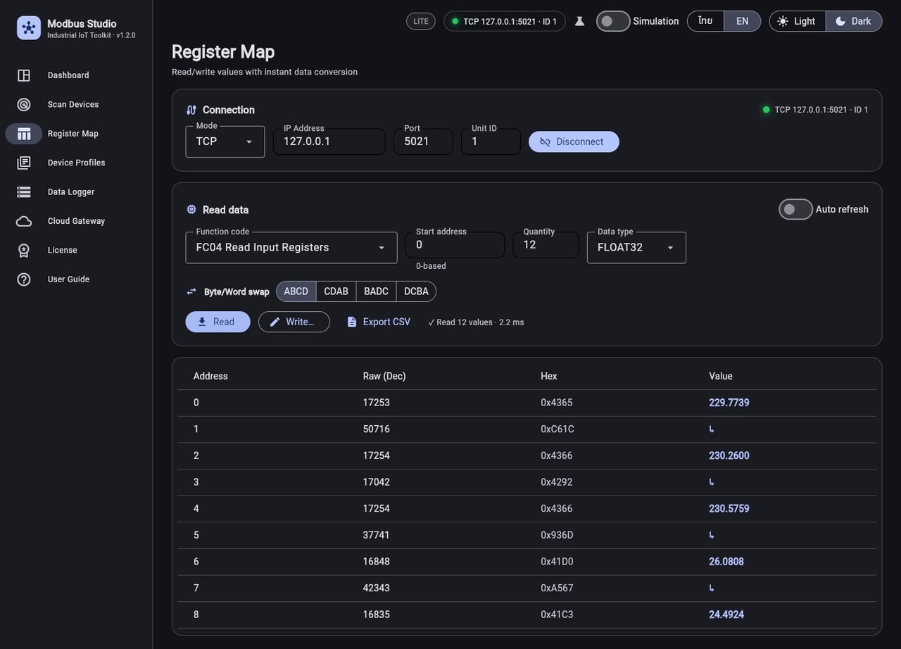 Modbus Studio register map