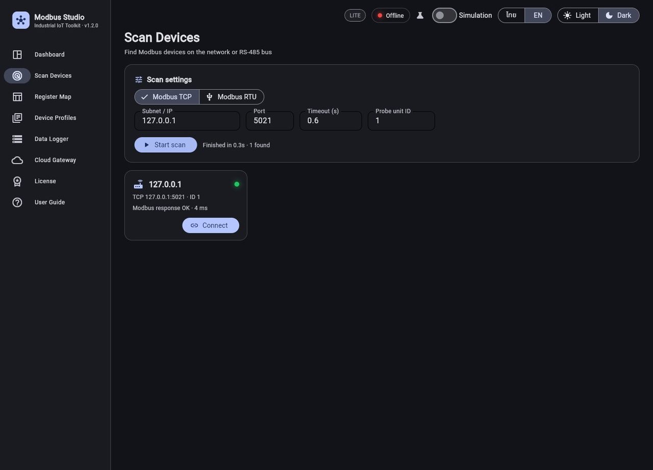 Modbus Studio scan page